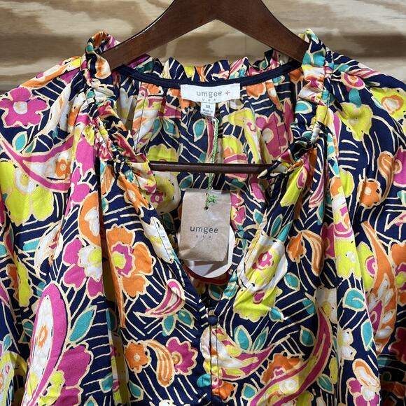Umgee USA Multicolor Floral Satin Colorful Peasant Blouse Size 1X Relaxed Flowy - Picture 5 of 11